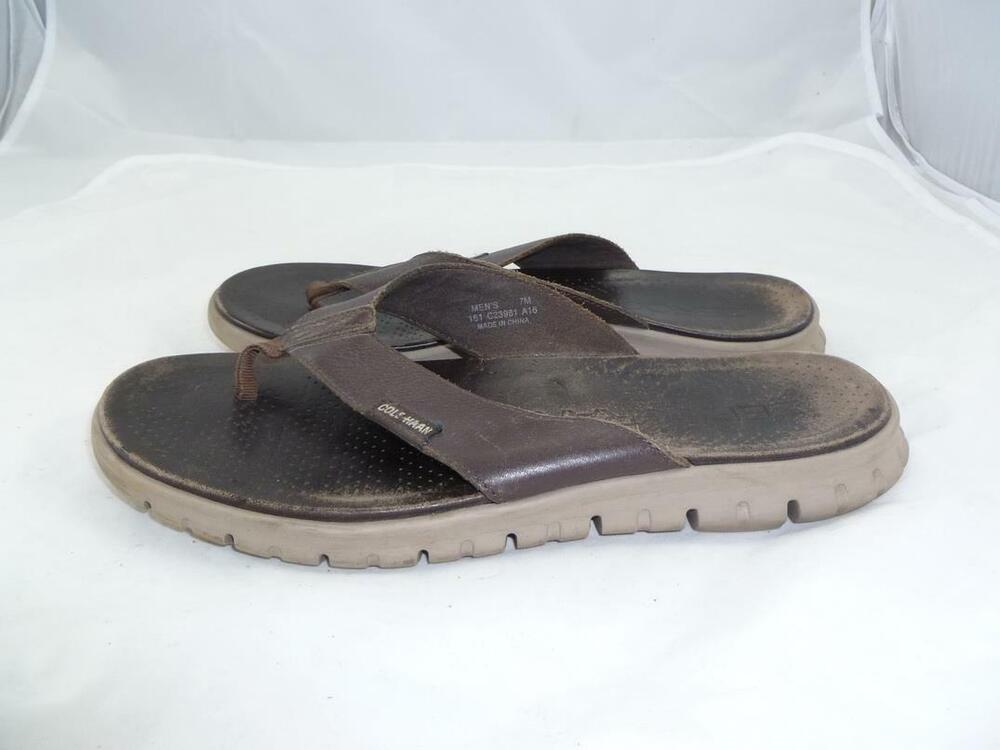COLE HAAN ZEROGRAND USED MEN 7 LEATHER BROWN THONGS/SANDALS/FLIP FLOPS C23981